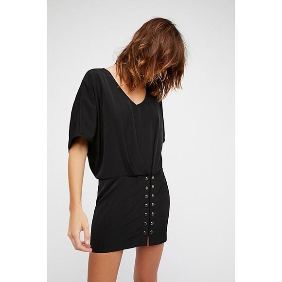New Free People Harper Mini Dress $128 BLACK Size 6 Metal Studded Buttons - Picture 2 of 8